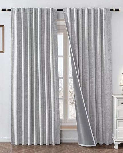 100% Blackout Curtains 84 inch Length 2 Panels Faux Linen Long Drapes for Bedroom Living Room Black Out Room Darkening Curtain Thermal Insulated Back Tab Rod Pocket(W37 x L84, Off-White)