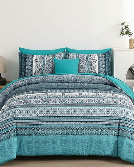 Cottolester Boho King Size Comforter Set 8 Pieces, Teal Comforter Bohemian Striped Bed in A Bag, Soft Microfiber Bedding Set for All Seasons
