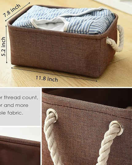 TheWarmHome Small Fabric Canvas Storage Bin with Cotton Rope Handles - Foldable Empty Basket for Gift (Brown-1 Pack,11.8L7.9W5.2H inch)