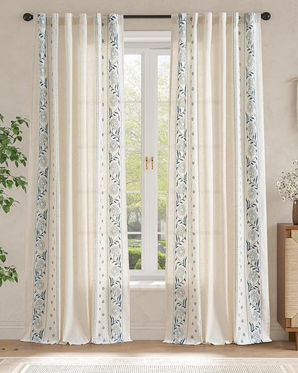 jinchan Winslow 96 Inch Curtains 4 Panel Set Embroidered Bordered Floral Curtains for Living Room Farmhouse Decor Light Filtering Window Treatments Blue on Beige Drapes 4 Panels