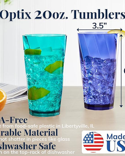 US Acrylic Optix Plastic Reusable Drinking Glasses (Set of 8) 20oz Water Cups in Coastal Colors | BPA-Free Tumblers, Made in USA | Top-Rack Dishwasher Safe