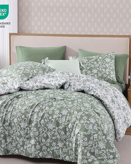 Queen Comforter Set -7 Pieces Floral Grey Green Comforter Set for All Seasons, Bed in a Bag Queen with Botanical Flowers Comforter, Sheets, Pillowcases & Shams