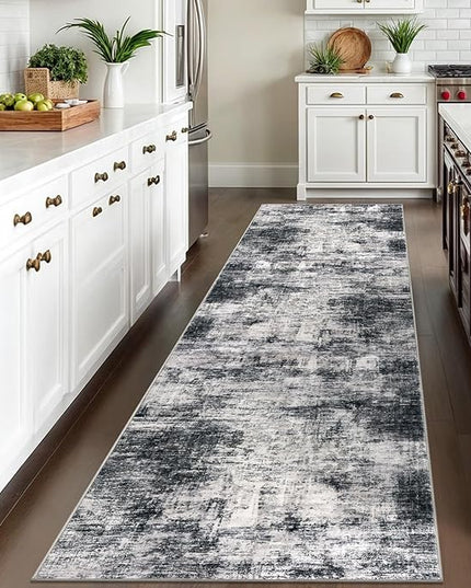 IOHOUZE Abstract Runner Rug 3x10 Ft Washable Runners for Hallways, Non Slip Kitchen Runner Printed Faux Wool Entryway Runner Indoor, Modern Abstract Floor Carpet for Hall Kitchen Bedroom, Black Grey