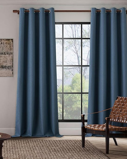 108 Inches Long 100% Blackout Blue Linen Curtains, Heat and Light Blocking Thermal Insulated 9 FT Grommet Curtain Panels for Living Room, Denim Blue, W52 x L108, 2 Panels