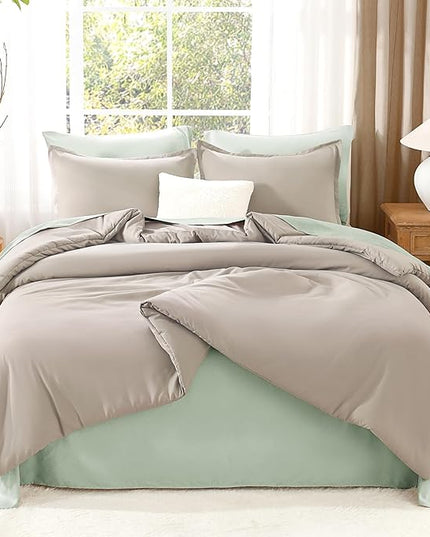 Litanika Oatmeal Comforter Full Size, 3 Pieces Lightweight Solid Bedding Comforter Set, All Season Fluffy Bed Set (79x90In Comforter & 2 Pillowcases)