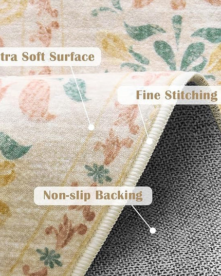 jinchan Round Rug 7ft Area Rug Vintage Floral Distressed Design Machine Washable Soft Non-Slip Low-Pile Ultra-Thin Circle Rug for Living Room Dining Room Bedroom Home Office (7' Round, Apricot Multi)