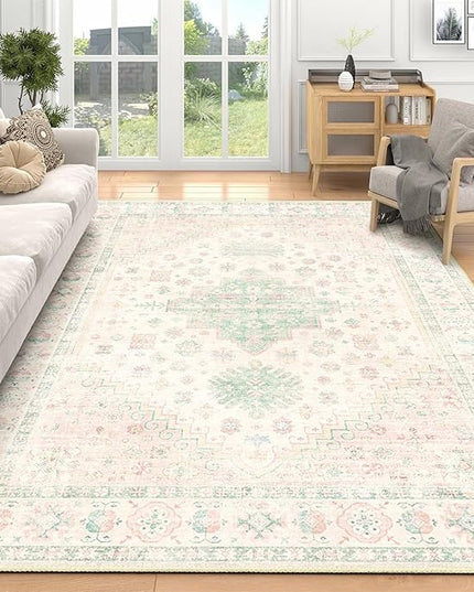 MUJOO 5x7 Area Rugs Washable,Boho Rug for Living Room Bedroom Dining Room Office,Large Throw Carpet,Non Slip Big Soft Indoor Low Pile Light Pink and Green