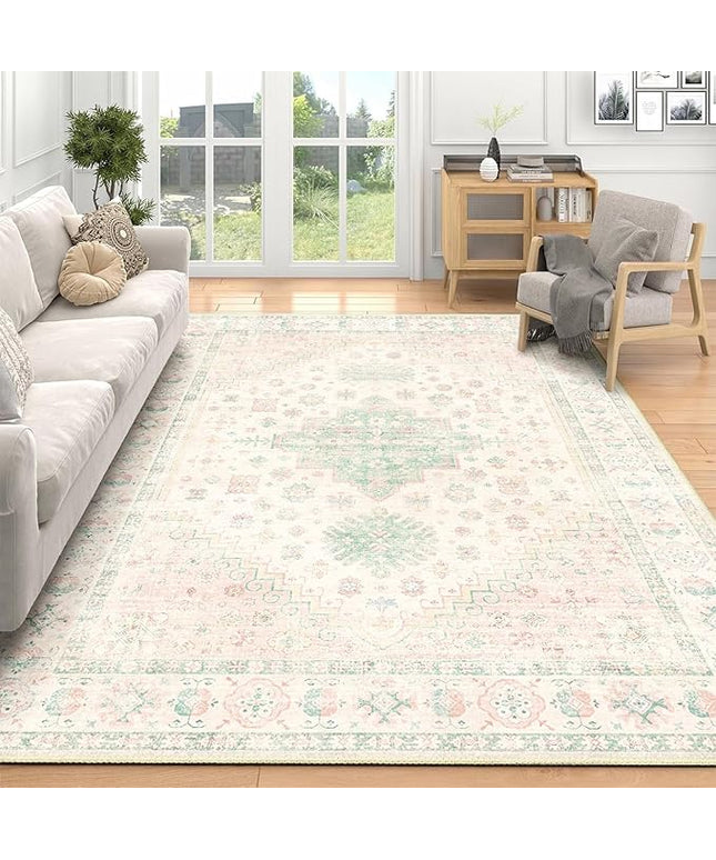 MUJOO 5x7 Area Rugs Washable,Boho Rug for Living Room Bedroom Dining Room Office,Large Throw Carpet,Non Slip Big Soft Indoor Low Pile Light Pink and Green