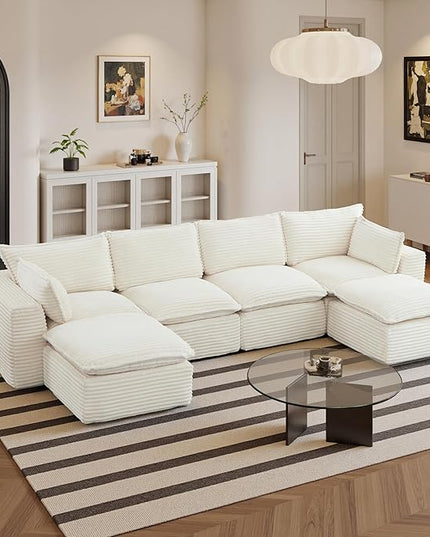 108" Sectional Couches for Living Room Boneless Couch Upholstered Cloud Couch Sectional Modular Sectional Sofa with L Shaped (Corduroy-White, 4 Seat+2 Ottoman)