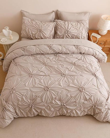 Khaki King Comforter Set - 7 Pieces Bed in a Bag, Premium Comforters King Size Bed Set Pintuck Pinch Pleat Complete Comforter Set with Flat Sheet, Fitted Sheet and Pillowcases,Khaki