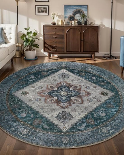 Ciicool Boho Circle Area Rug Washable 6x6ft Round Bedroom Rug Non-Slip Oriental Throw Rug Low-Pile Floor Carpet for Dining Room Living Room
