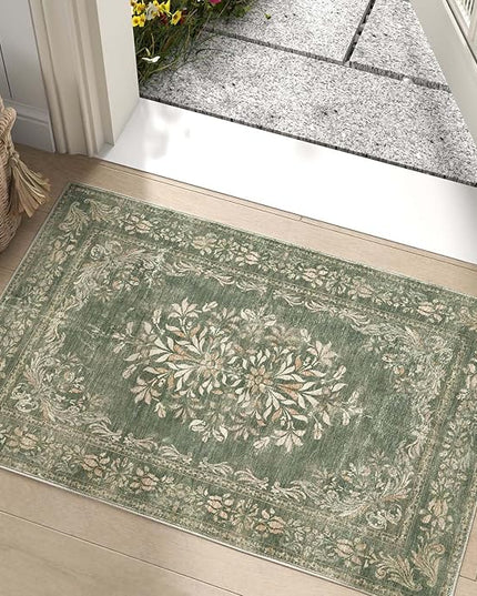 jinchan Green Floral 2x3 Rug for Entryway - Vintage Washable Area Rug Ultra-Thin Low Pile Soft Christmas Small Non Slip Distressed Doormat for Entrance Kitchen Bathroom Bedroom (2x3ft, Dark Green)