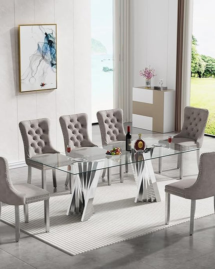 SSLine 7 Piece Glass Dining Table Set,70" Dinner Room Glass Table Set for 6,Modern Kitchen Dinner Table Set with Stainless Steel Base and 6 Upholstered Velvet Dining Chairs for Living Dining Room