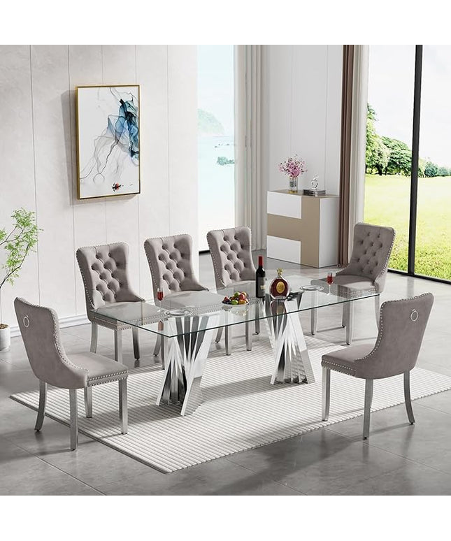 SSLine 7 Piece Glass Dining Table Set,70" Dinner Room Glass Table Set for 6,Modern Kitchen Dinner Table Set with Stainless Steel Base and 6 Upholstered Velvet Dining Chairs for Living Dining Room