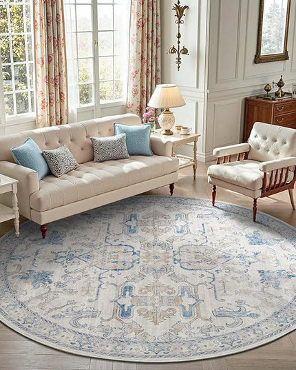 jinchan Round Rug 8ft Area Rug Vintage Floor Mat Kitchen Indoor Ultra-Thin Soft Floral Print Washable Circle 8' Accent for Farmhouse Non Slip Dining Room Living Room Bedroom Office Blue