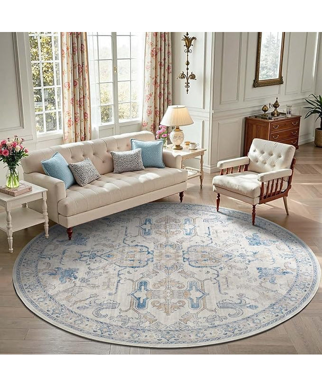 jinchan Round Rug 8ft Area Rug Vintage Floor Mat Kitchen Indoor Ultra-Thin Soft Floral Print Washable Circle 8' Accent for Farmhouse Non Slip Dining Room Living Room Bedroom Office Blue