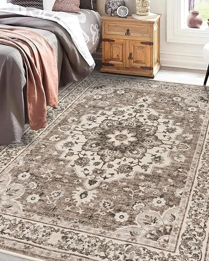 Washable Oriental Area Rug - 5x8 Rugs for Living Room Soft Carpet for Bedroom Waterproof Floral Distressed Indoor Stain Resistant Non-Shedding Floor Carpets (Beige, 5x8)