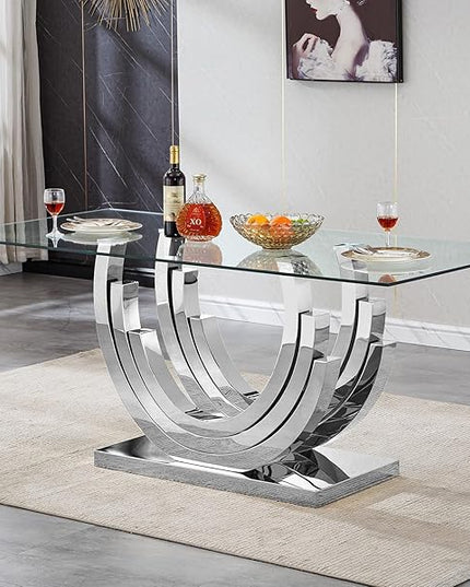 Henf 70'' Tempered Glass Dining Table for 4-6 People, Clear Tabletop and Sturdy Silver Stainless Steel Base, Large Dining Room Table for 6, Glass Kitchen Dinner Table for Family