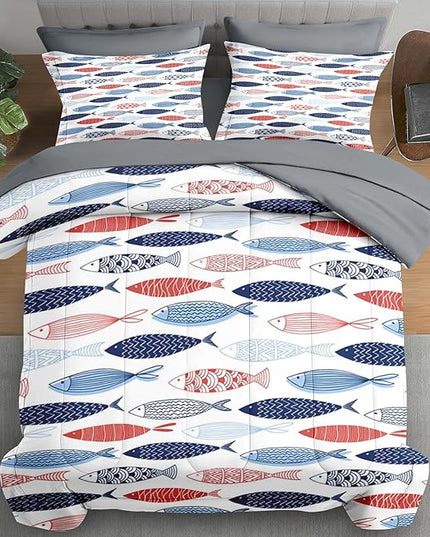 Comforter Set Twin Size, Fish Blue Summer 5 Pcs Bedding for Kids and Adults, Sea Cute Ocean Bed Sheet Sets with Fitted Sheet Pillowcase & Sham for Bedroom Bed Decor