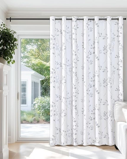 Beauoop Floral 100% Blackout Curtains 84 Inch Length 1 Panel for Patio Sliding Door Extra Wide Grey White Flower Patterned Divider Room Darkening Thermal Soundproof Grommet Window Drapes,100x84, 1 set