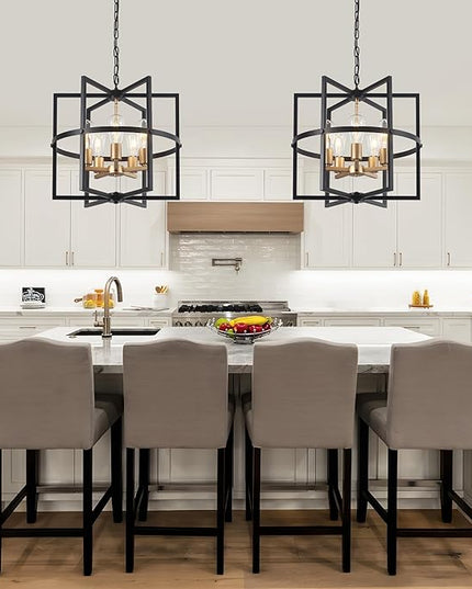 19'' Black and Gold Chandeliers for Dining Room, 5-Light Modern Farmhouse Industrical Pendant Light Fixture Rustic Geometric Hanging Chandelier for Kitchen Island Entryway Hallway Foyer