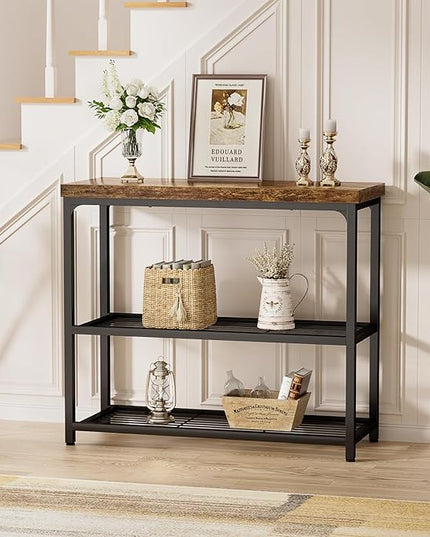 32" Small Console Table with Storage, Narrow Entryway Table, Sofa Table for Living Room, Sturdy 3-Tier Console Tables for Living Room, Hallway, Foyer & Bedroom, Rustic Brown