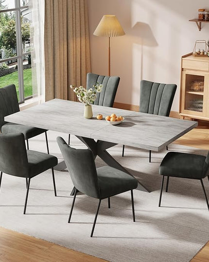 ZckyCine 6-Piece Extendable Dining Table Set, Modern 63''–79'' Grey Wood Table with 6 Grey Fabric Chairs, Dining Room Table and Chairs for 6, Ideal for Kitchen or Dining Room