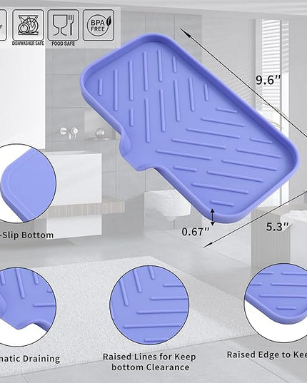 Silicone Bathroom Soap Dishes with Drain Spout-Bathroom and Kitchen Sink Organizer,Sponge Holder,Dish Soap Tray,Perfect for Dispenser,Scrubber,Bottle on Sink or Counter-Light Purple 9.6"×5.3"