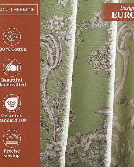 Maison d' Hermine Curtains for Living Room 100% Cotton 96 inch Length One Panel Light Filtering Toile Curtains for Bedroom Windows with Rod and Loop Pockets Drapes (Joli Jouy Green, 50" W x 96" L)