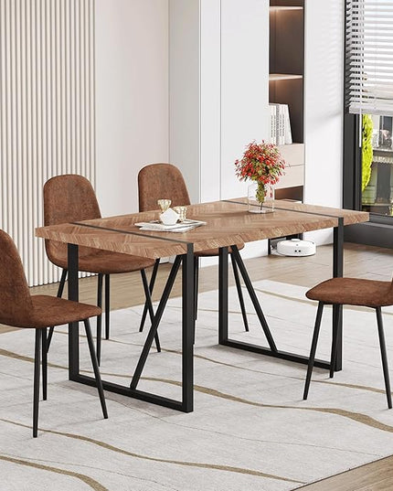 FURNITO 5 Piece Dining Table Set for 4, 55" Wooden Kitchen Table with Upholstered Chairs, Mid Century Modern Rectangular Dining Room Set, Rustic Table and Chairs Set for Kitchen or Living Room