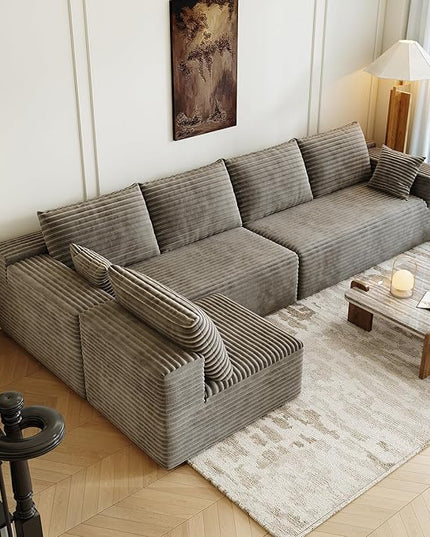 139.4" Modular Sectional Sofa, L-Shaped Minimalist Couches with Middle Seat Chaise, Modern Deep Seat Convertible Sleeper Sofa,Cloud Plush Corduroy Fabric, No Assembly Required, 5 Seater, Camel