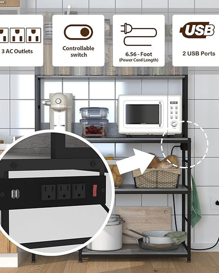 Baker Rack with Power Outlet,5-Tier Kitchen Utility Storage Shelf with Hooks,Microwave Oven Stand with Storage,Kitchen Shelf with Basket