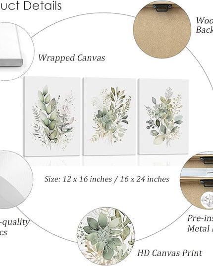 WRFON Watercolor Botanical Wall Art Set of 3 Boho Sage Green Wildflower Canvas Wall Art Prints Modern Floral Wall Decor for Bedroom Living Room Bathroom Decorations Framed 16x24 Inches