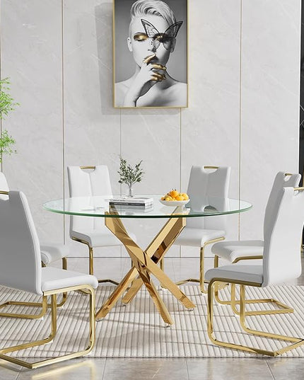 HomVent Round Glass Dining Table Set for 6, 7-Piece Modern Kitchen Table Set with 6 PU Upholstered Chair for Kitchen Dining Room, Glass Dining Room Table Set