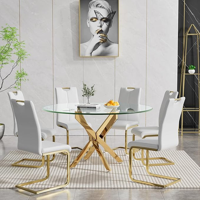HomVent Round Glass Dining Table Set for 6, 7-Piece Modern Kitchen Table Set with 6 PU Upholstered Chair for Kitchen Dining Room, Glass Dining Room Table Set