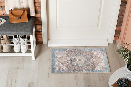 GLN Rugs Traditional Collection - Machine Washable Area Rug, Traditional Washable, Non Slip, Low Pile Chenille Rug, Living Room, Bedroom, Kitchen Rug (2'x3' Brown/Blue)