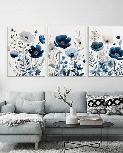 DUWQU 3 Pcs Blue Floral Canvas Wall Art, Elegant Navy Blue Wildflower Lily Daisy Art Wall Decor, Watercolor Botanical Flower Home Poster Art Prints for Living Room Bedroom Bathroom 16×24 Inches