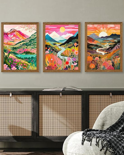 DUWQU 3 piece Colorful Watercolor Mountain Canvas Wall Art Boho Floral Painting Picture Wall Decor Abstract Nature Landscape Poster Print Artwork for Living Room Bedroom Office 12x16 Inch Wood Frames