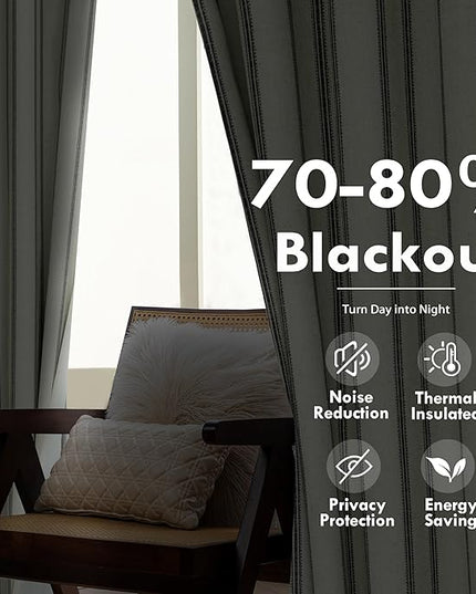 DriftAway Farmhouse Linen Blend Blackout Curtains 96 Inches Long for Bedroom Vertical Striped Printed Linen Curtains Thermal Insulated Lined Treatments for Living Room 2 Panels W52 x L96 Black