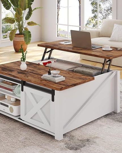 SEDETA 31.5" Lift Top Coffee Table with Storage, Square Coffee Tables for Living Room, Farmhouse Coffee Table with Large Hidden Storage Compartment and Adjustable Shelves, White