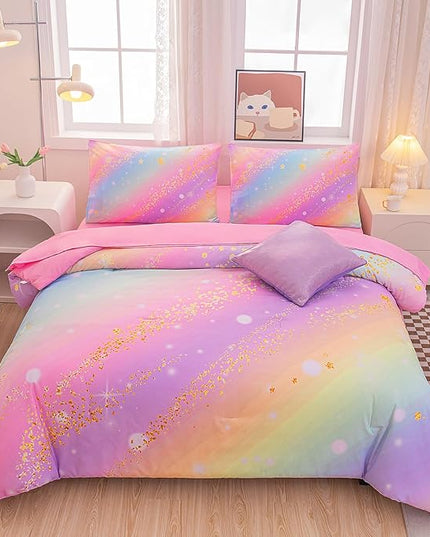 Rainbow Bedding Set Queen Size – 6-Piece Reversible Girls Comforter with Deep-Pocket Sheet, Gradient Galaxy Design, Whole-Piece Filling, Machine Washable Bed-in-a-Bag for Kids Room Makeover & Gifts
