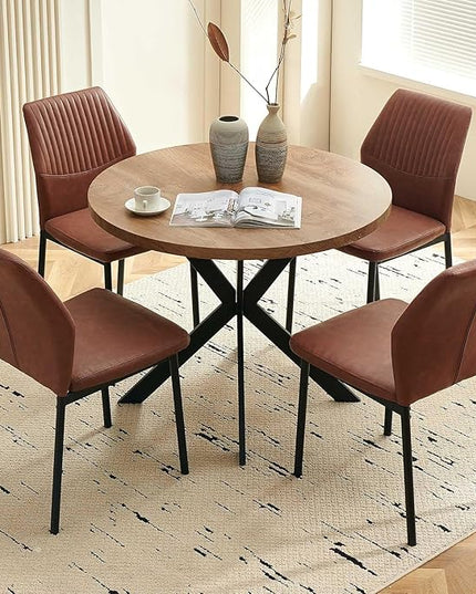 37" Round Dining Table Set for 4, Mid Century Modern Small Coffee Set for Dining Room Kitchen Apartment (Walnut Table + 4 PU Leather Brown Chairs)