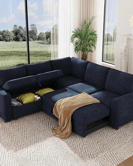 Vesgantti 88.4" Sleeper Sectional Couch with Pull Out Bed, 5 Seater L Shaped Modular Sectional Sofa with Storage, Comfy Chenille Modular Sofa for Living Room, Bedroom, Apartment, Blue