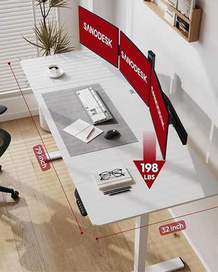 SANODESK Electric Standing Desk 79x32 Inch Height Adjustable Stand Up Desk Home Office Computer Workstation Sit Stand Home Office Desk with Splice Board (White Frame + White Top)
