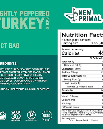 New Primal Lightly Peppered Turkey Sticks, Keto & Gluten Free Healthy Snacks for Adults, Sugar Free Low Carb High Protein Snack, Paleo Whole30 Jerky Meat Stick, 7g Protein, 45 Calories, 5 Pack