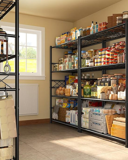 Storage Shelves 4-Tier Large Capacity Metal Shelving with Hooks, Heavy Duty Garage Shelving Unit with Leveling Feet, Stable Metal Shelves for Pantry, Kitchen and Closet,36" W x 12" D x 60" H, Black