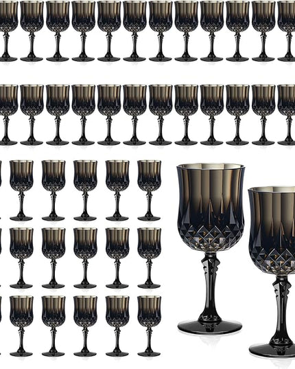 XUWAIDSGN 7oz Plastic Vintage Wine Glasses Drinking Glasses Unbreakable Wedding Glassware Crystal Water Goblets Reusable Drinkware Vintage Champagne Flutes (48, Black)