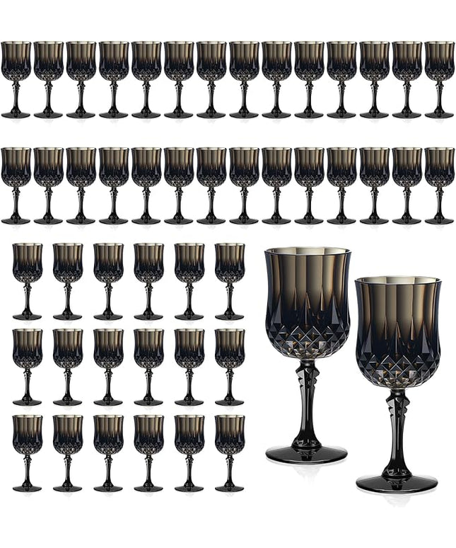 XUWAIDSGN 7oz Plastic Vintage Wine Glasses Drinking Glasses Unbreakable Wedding Glassware Crystal Water Goblets Reusable Drinkware Vintage Champagne Flutes (48, Black)