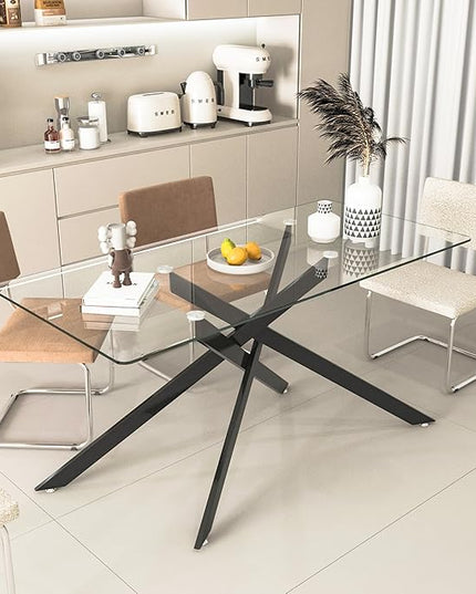 60" Rectangular Glass Dining Table Modern Kitchen Glass Top Table for 6 with Black Metal Legs, Clear Dining Table Kitchen Table for Home Office Dining Room