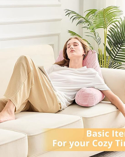 Sasttie Reading Pillow, Velvet Back Pillow for Bed Sitting Up, Adult Back-Rest Support Cushion with Arms for Sit Up on Couch, Sofa, and Floor, Dorm Essentials, Reading Accessories, Pink
